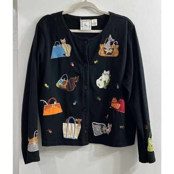 Michael Simon Lite Cardigan Top‎ Vtg XL Embroidered Cats Lightweight Black - Picture 1 of 11
